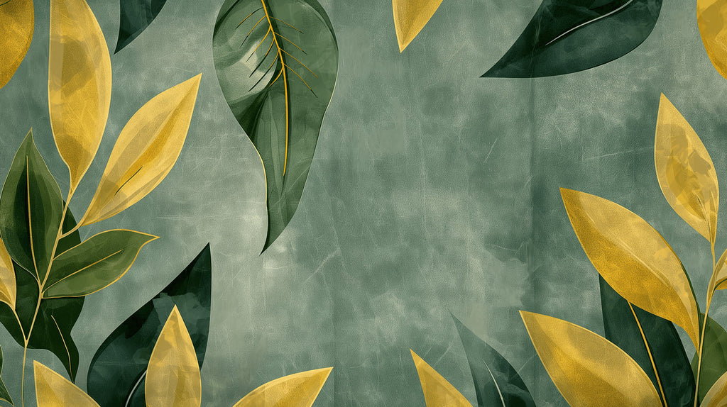 Green and gold botanical mural creating depth in a cozy bedroom setting