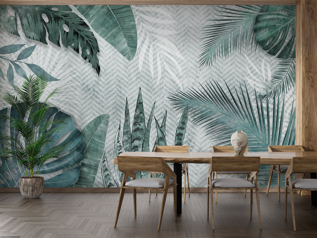 Tropical Monstera leaf wallpaper in modern living room with white sofa and natural light
