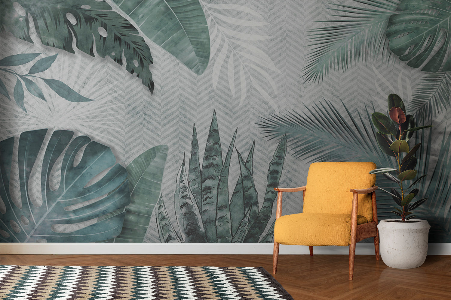 Green botanical wallpaper creating depth in minimalist dining room