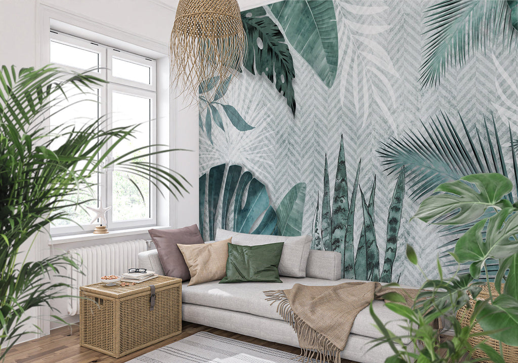 Monstera leaf mural in bright bedroom setting with wooden furniture