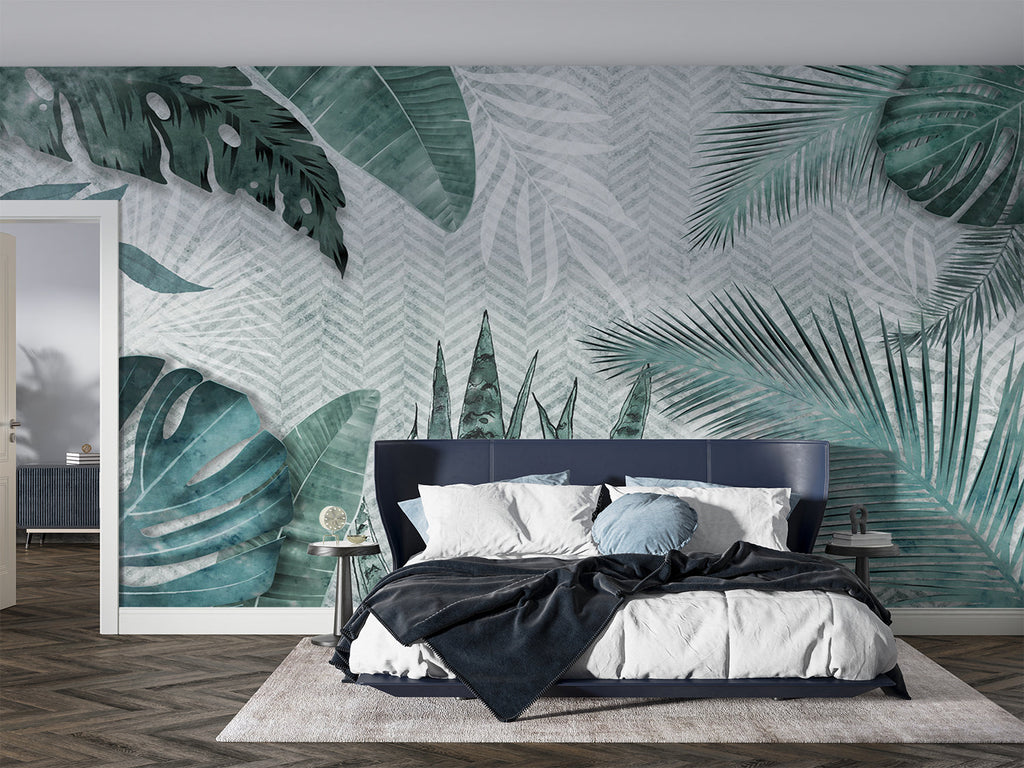 Tropical palm leaf wallpaper brightening home office space