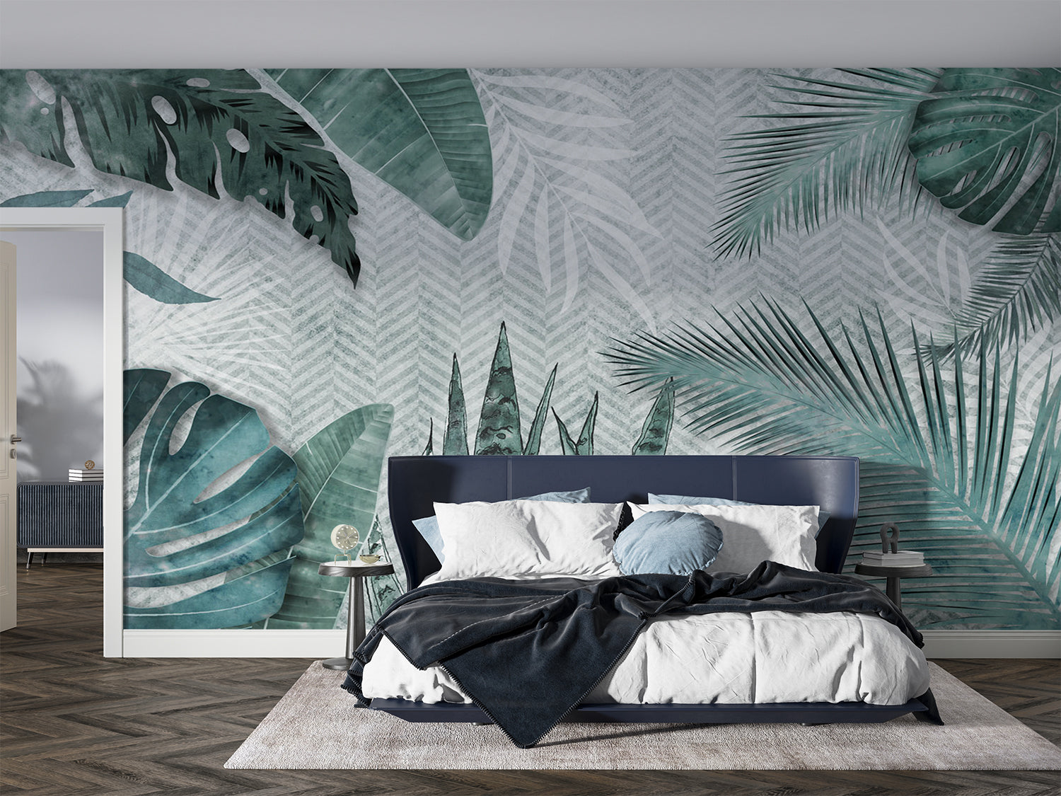 Tropical palm leaf wallpaper brightening home office space