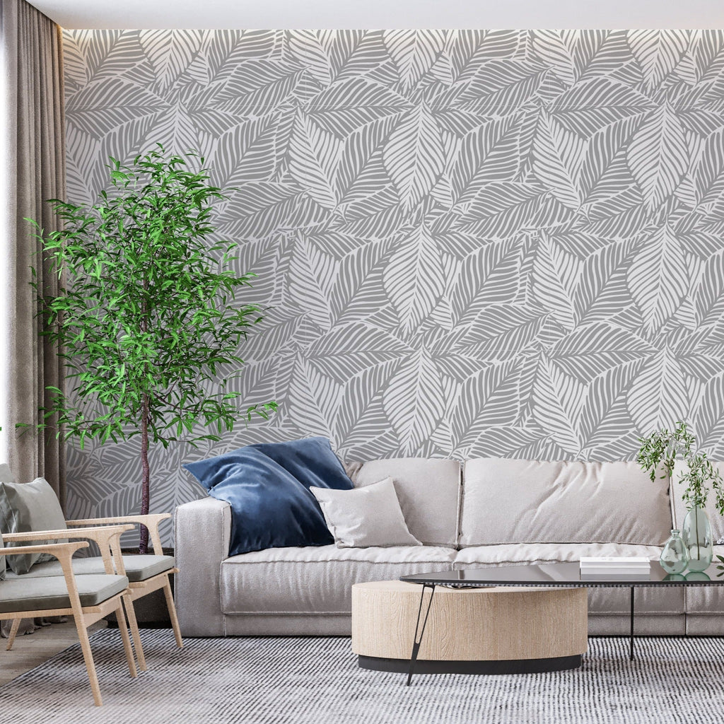 Grey Palm Leaf Wallpaper creating a serene atmosphere in a modern living room setting