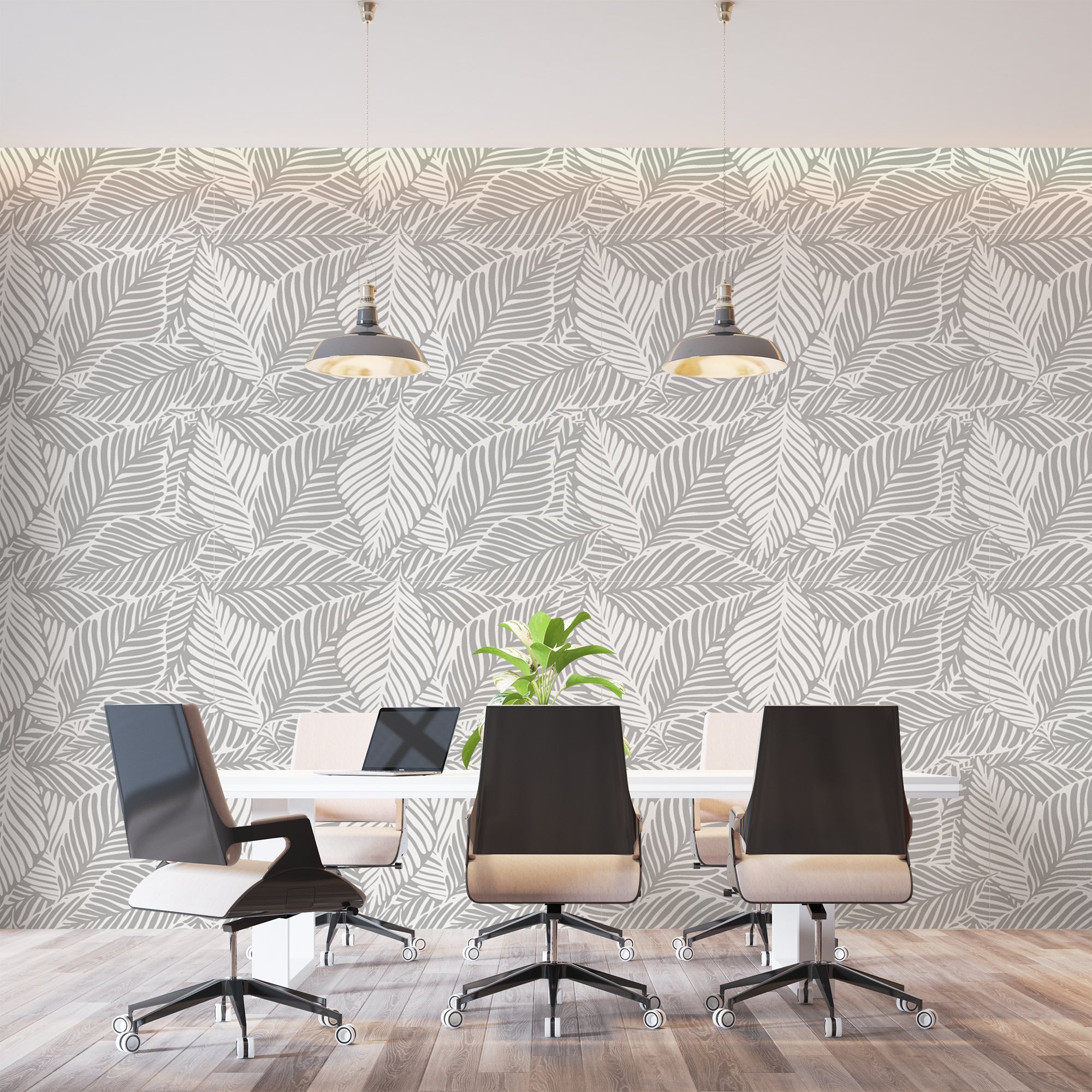 Tropical leaf wallpaper in grey tones brightening up a minimalist bedroom space