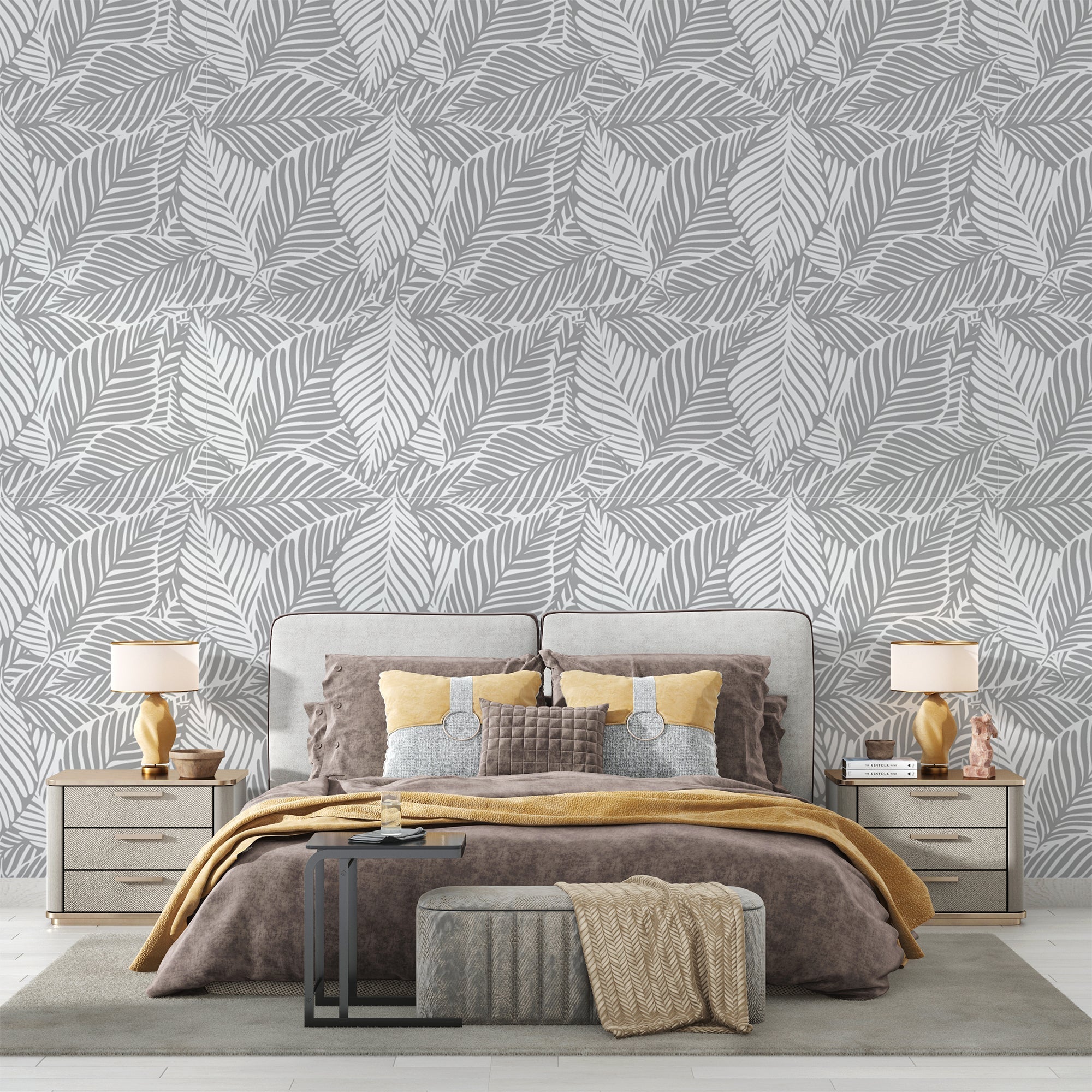 Palm pattern grey wallpaper bringing natural elements to a home office setup