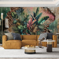 Tropical brick wallpaper with jungle leaves in a modern industrial loft living room, showing the perfect blend of urban and nature