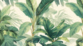 Tropical banana leaf wallpaper bringing fresh style to a modern living room with white furniture