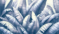 Blue tropical banana leaf wallpaper mural creating a fresh, coastal vibe in a modern living room with white furniture