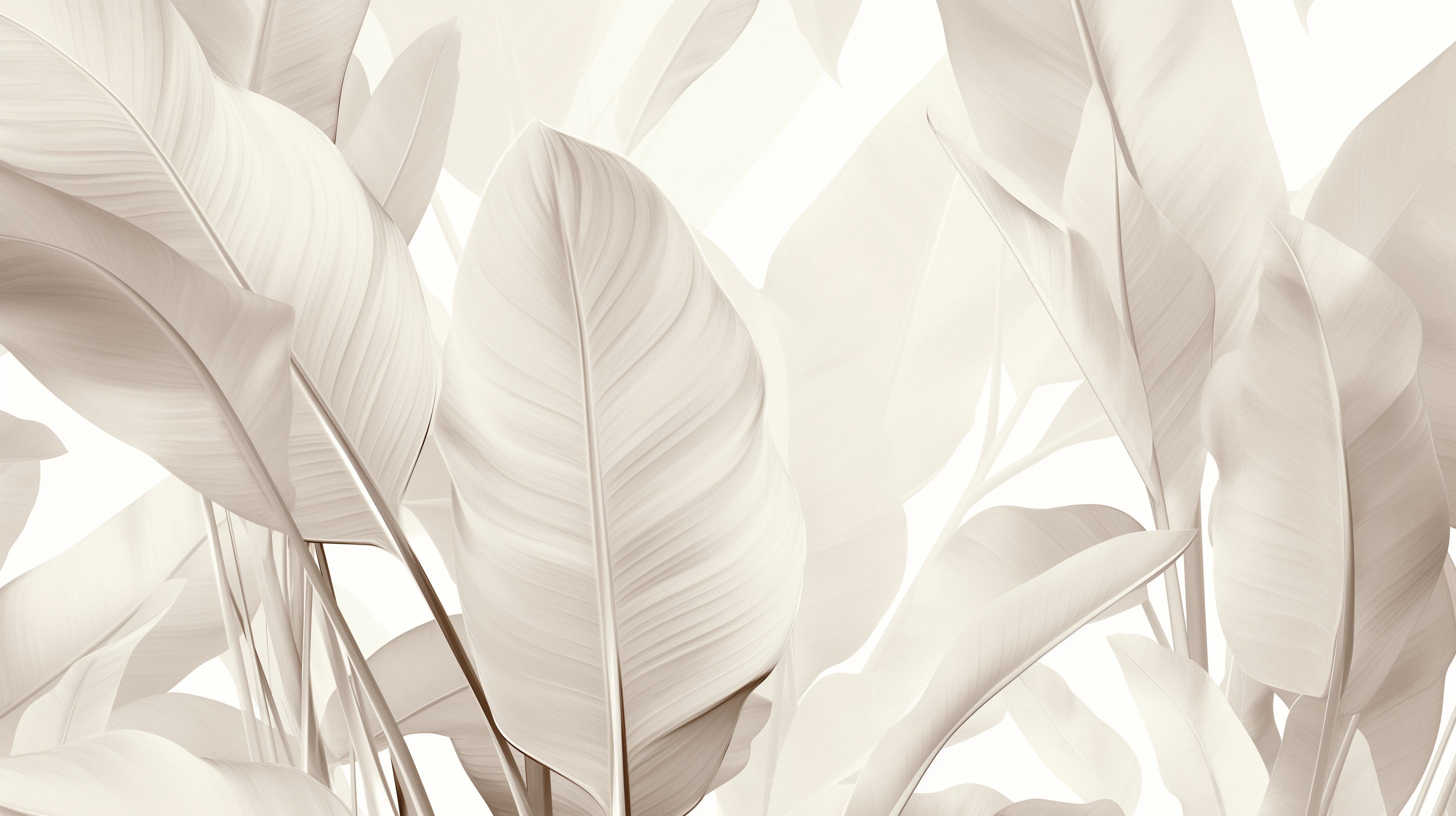 Tropical palm leaf wallpaper in modern living room creating a calm, sophisticated atmosphere