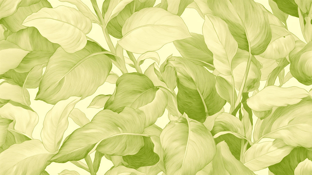 Large green leaf wallpaper bringing fresh energy to a bright bedroom space