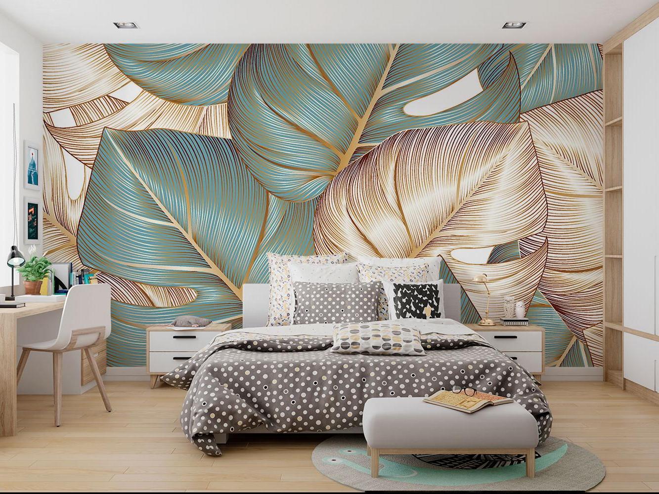 Master bedroom with large scale tropical wall mural featuring golden accents