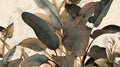 Tropical leaf wallpaper with copper accents creating a calm atmosphere in a modern living room setting