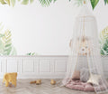 Tropical lion wallpaper creating a bold statement in modern living room with green monstera leaves