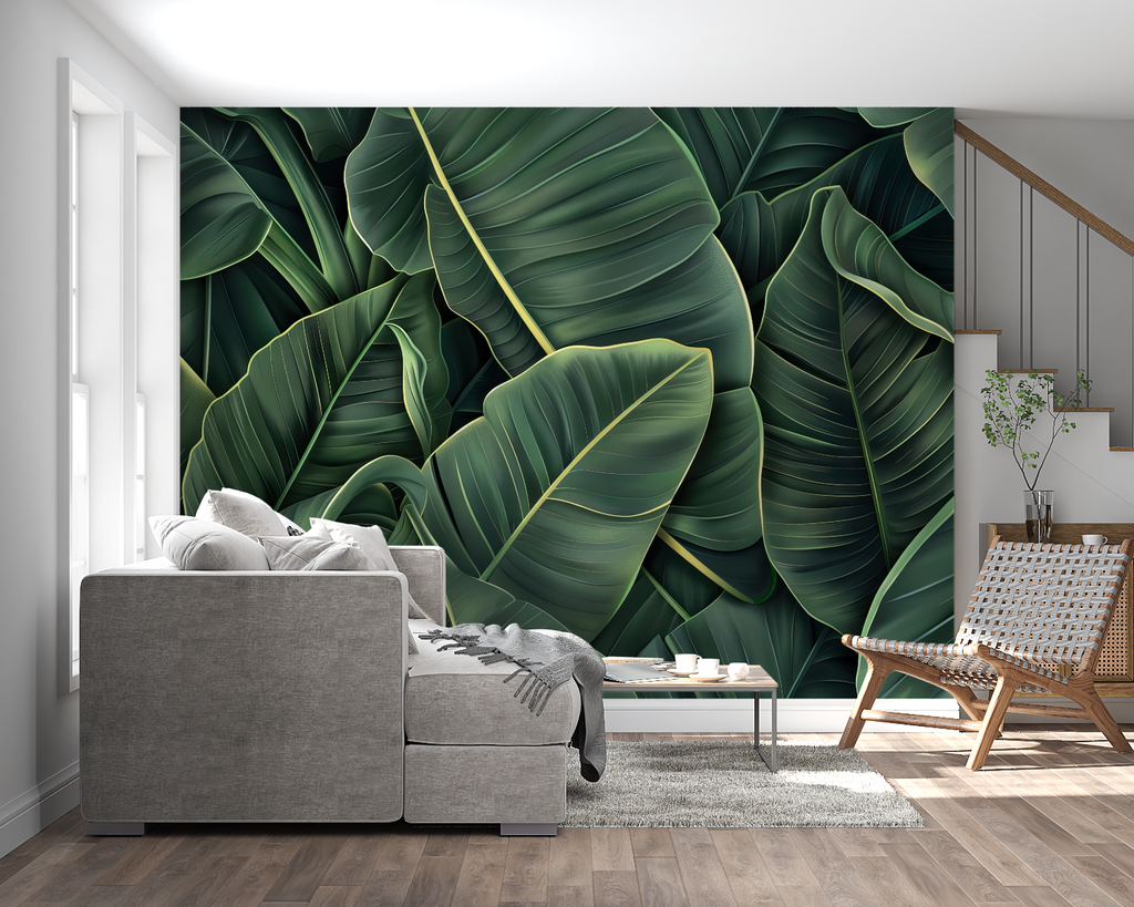 Tropical wallpaper design showcased in a bright master bedroom