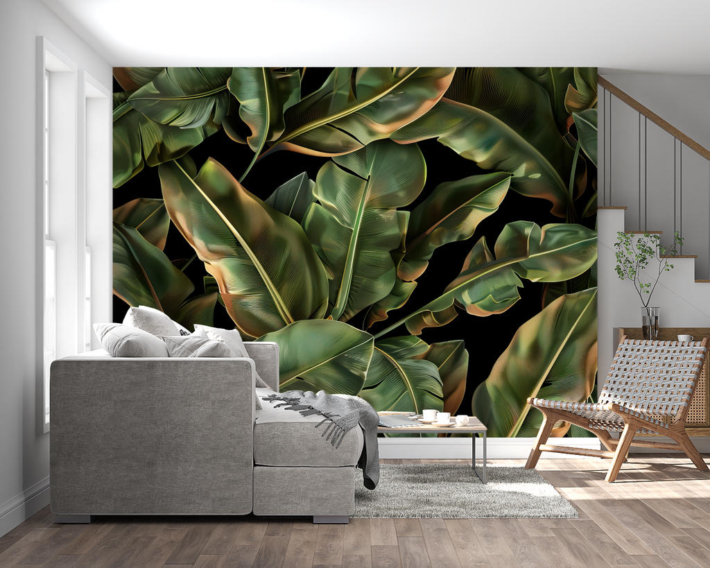 Botanical wall mural bringing nature inside a contemporary home office