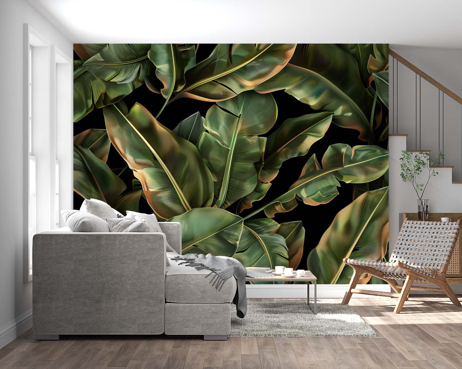Botanical wall mural bringing nature inside a contemporary home office