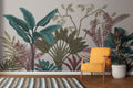 Tropical leaf wallpaper creating a calm atmosphere in a modern living room with natural light
