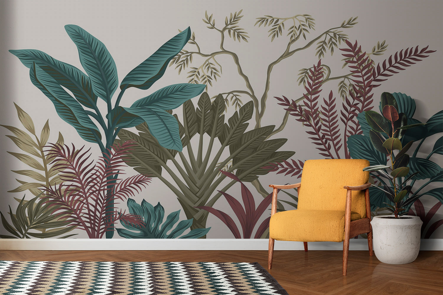 Tropical leaf wallpaper creating a calm atmosphere in a modern living room with natural light