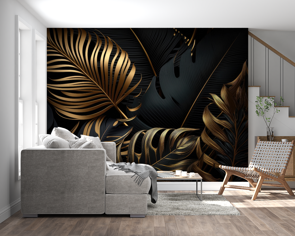 Tropical black and gold leaf wallpaper in modern living room with tall windows and mid-century furniture