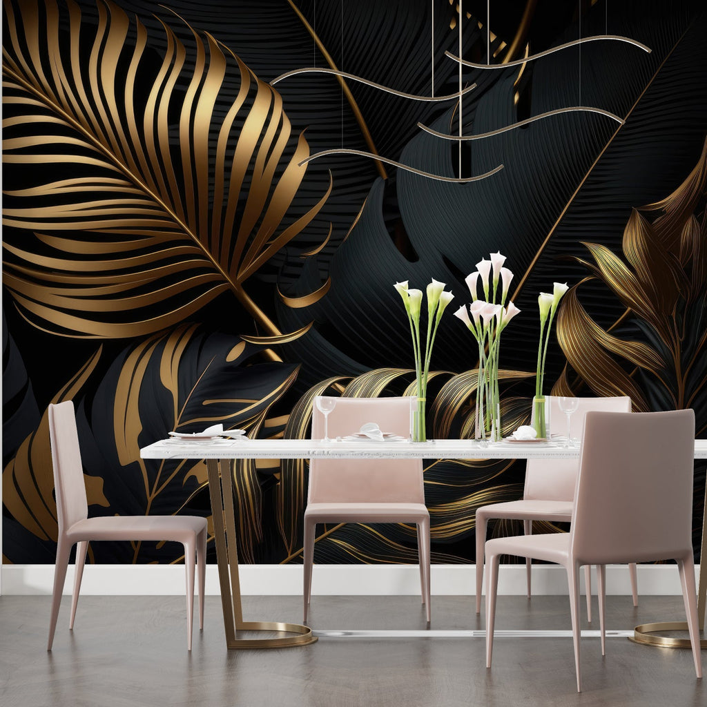 Luxury tropical wallpaper with gold leaves in elegant dining room setting