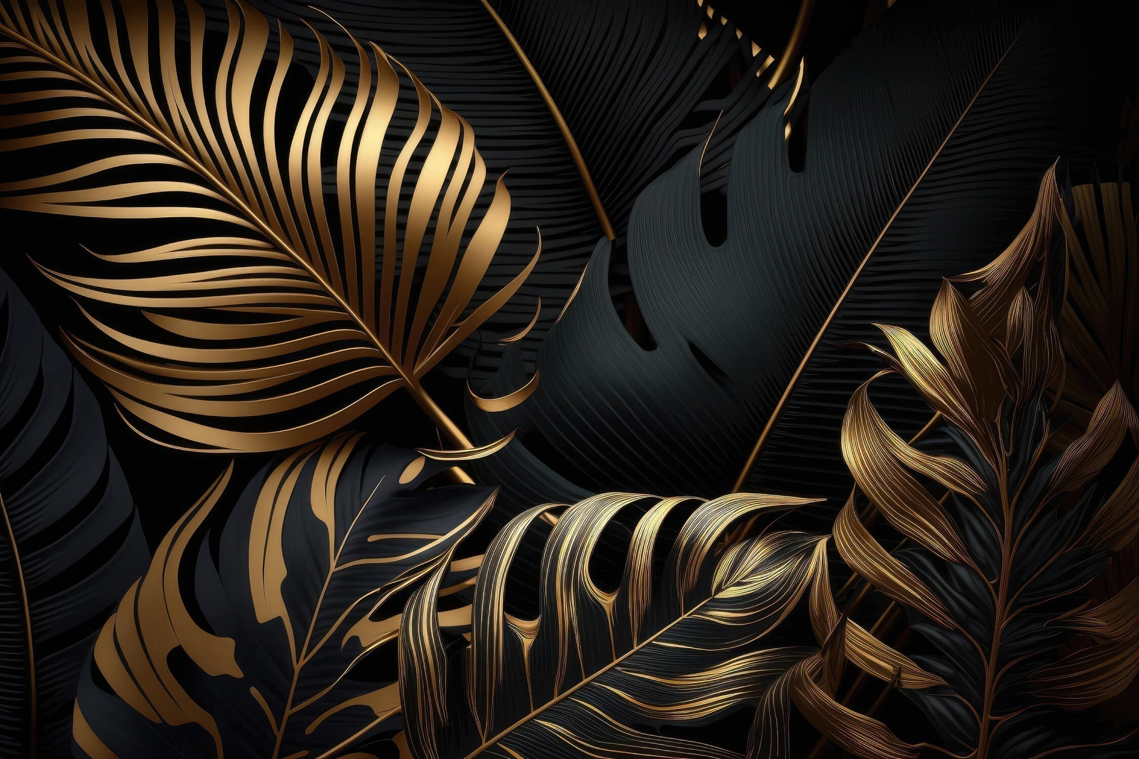 Design file showing detailed black and gold tropical leaf pattern
