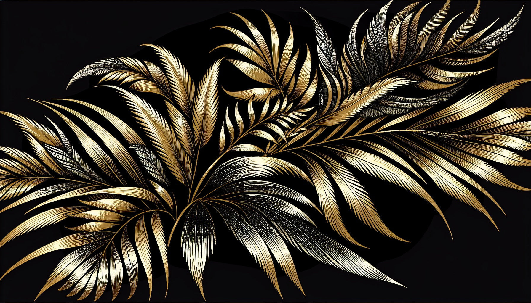 Luxury black and gold palm leaf wallpaper design file showing intricate metallic details and pattern repeat