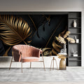 Tropical black and gold palm leaf wallpaper in modern living room with natural light