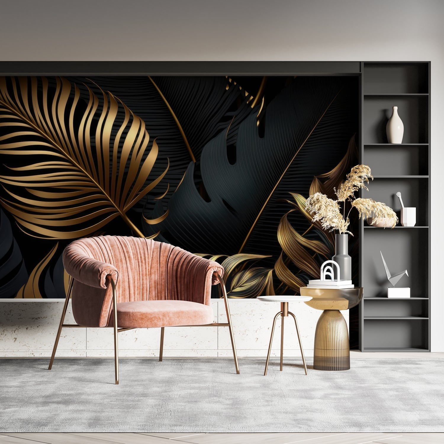 Tropical black and gold palm leaf wallpaper in modern living room with natural light