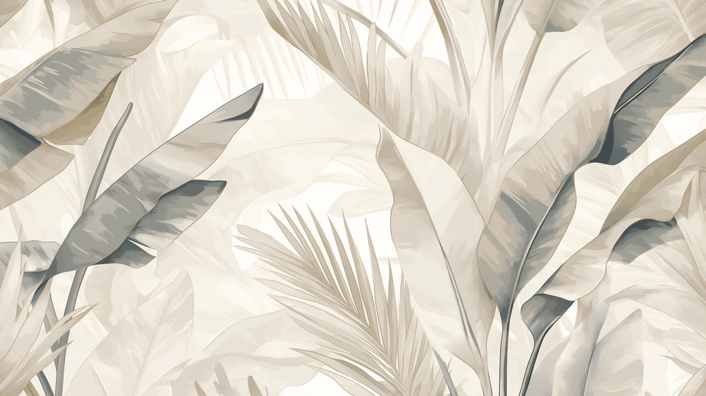 Beige palm leaf wall mural adding sophistication to a bright master bedroom with natural light