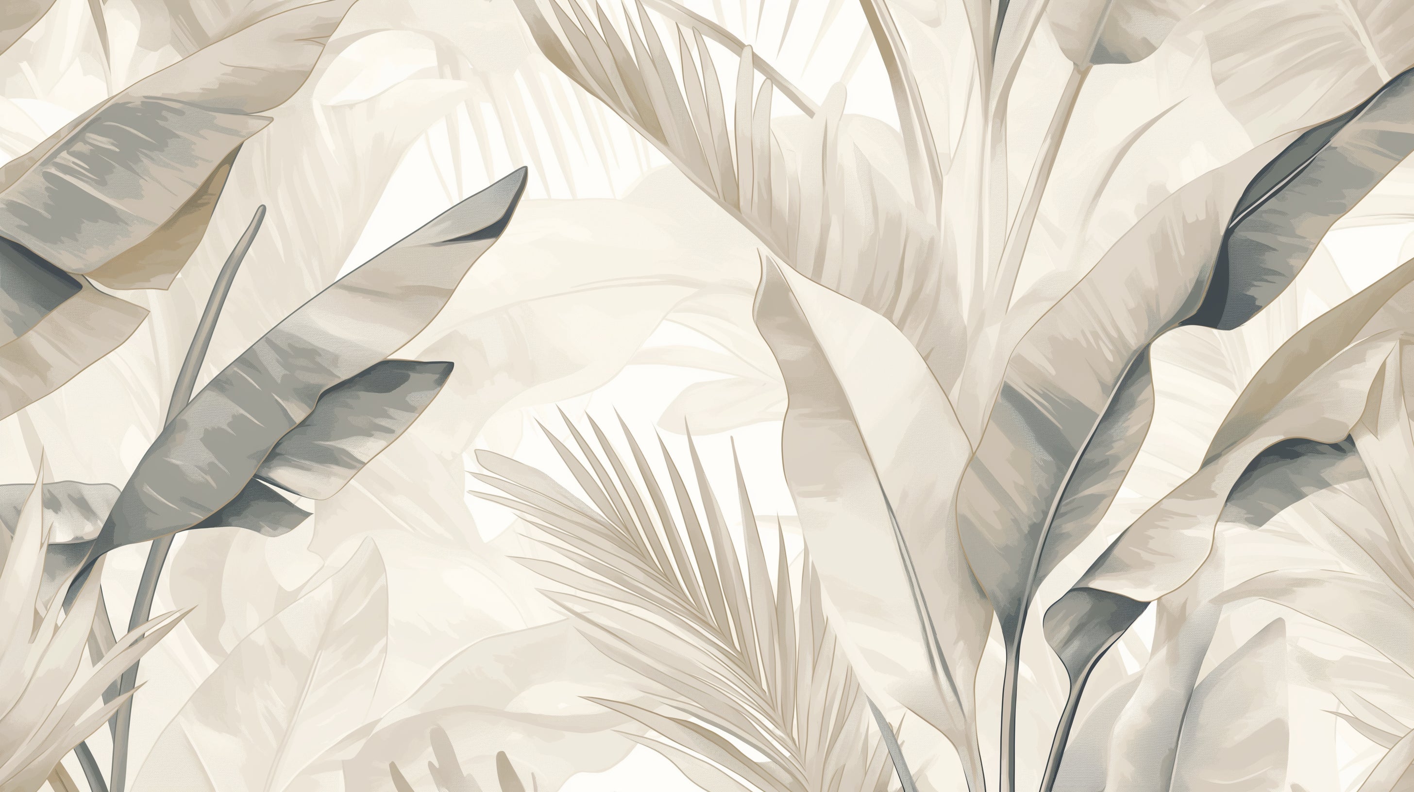 Beige palm leaf wall mural adding sophistication to a bright master bedroom with natural light