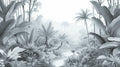 Tropical grey jungle wallpaper in modern living room creating serene atmosphere with soft misty design