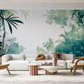 Tropical jungle mural wallpaper creating a calming atmosphere in a modern living room with natural light