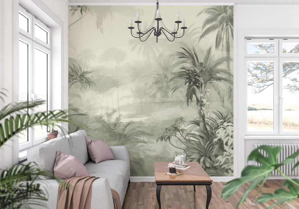 Misty palm forest mural adding depth to a minimal bedroom space