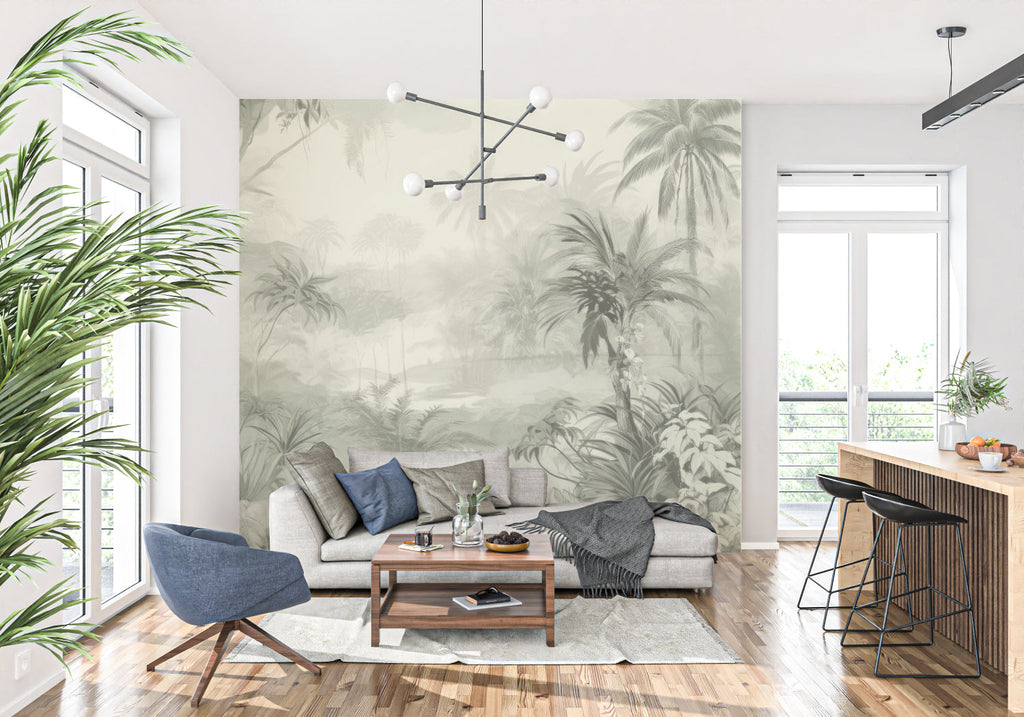 Sage green tropical wallpaper making a dining room feel fresh and open