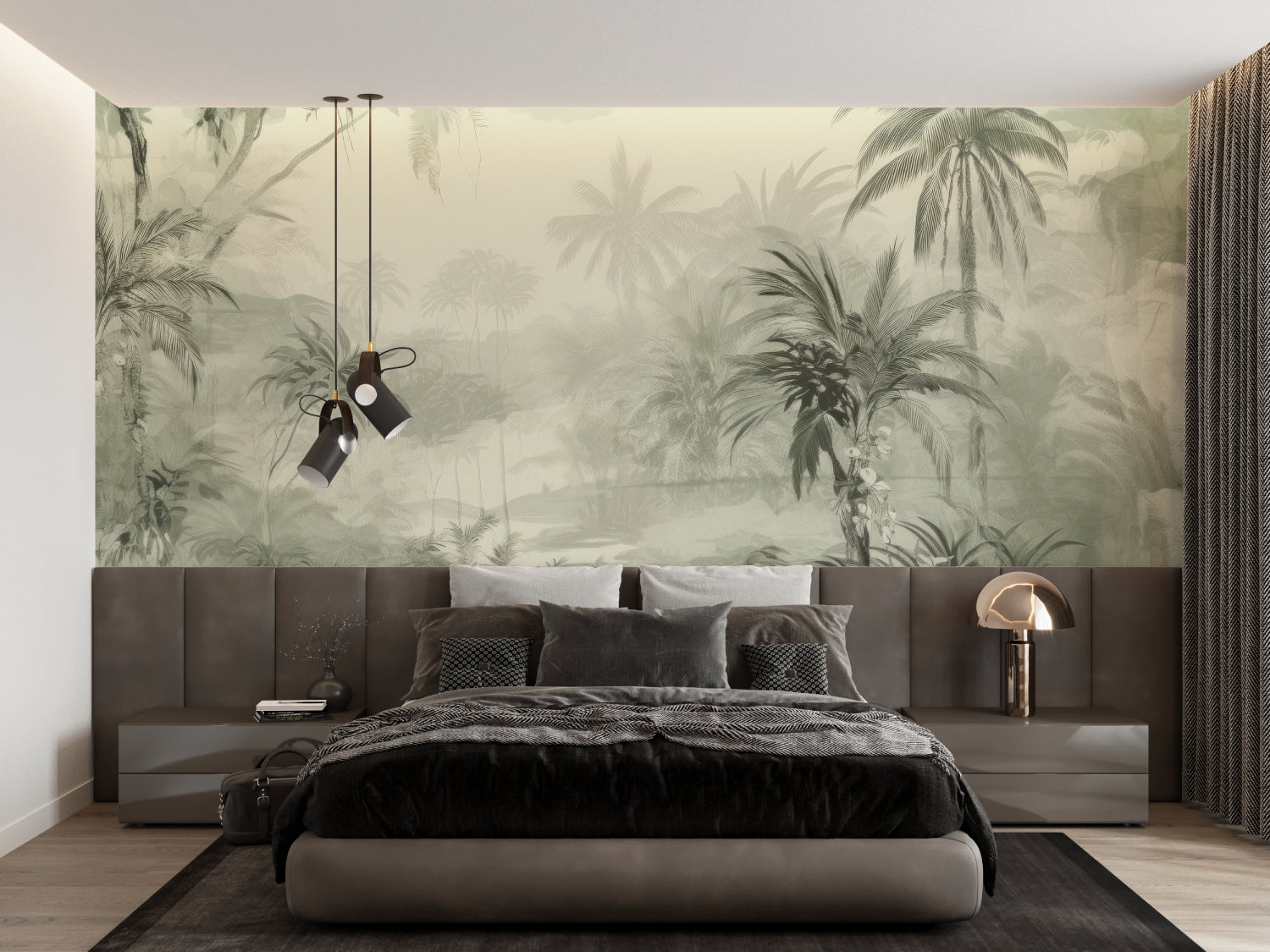 Tropical palm mural creating a spa-like feel in a master bathroom