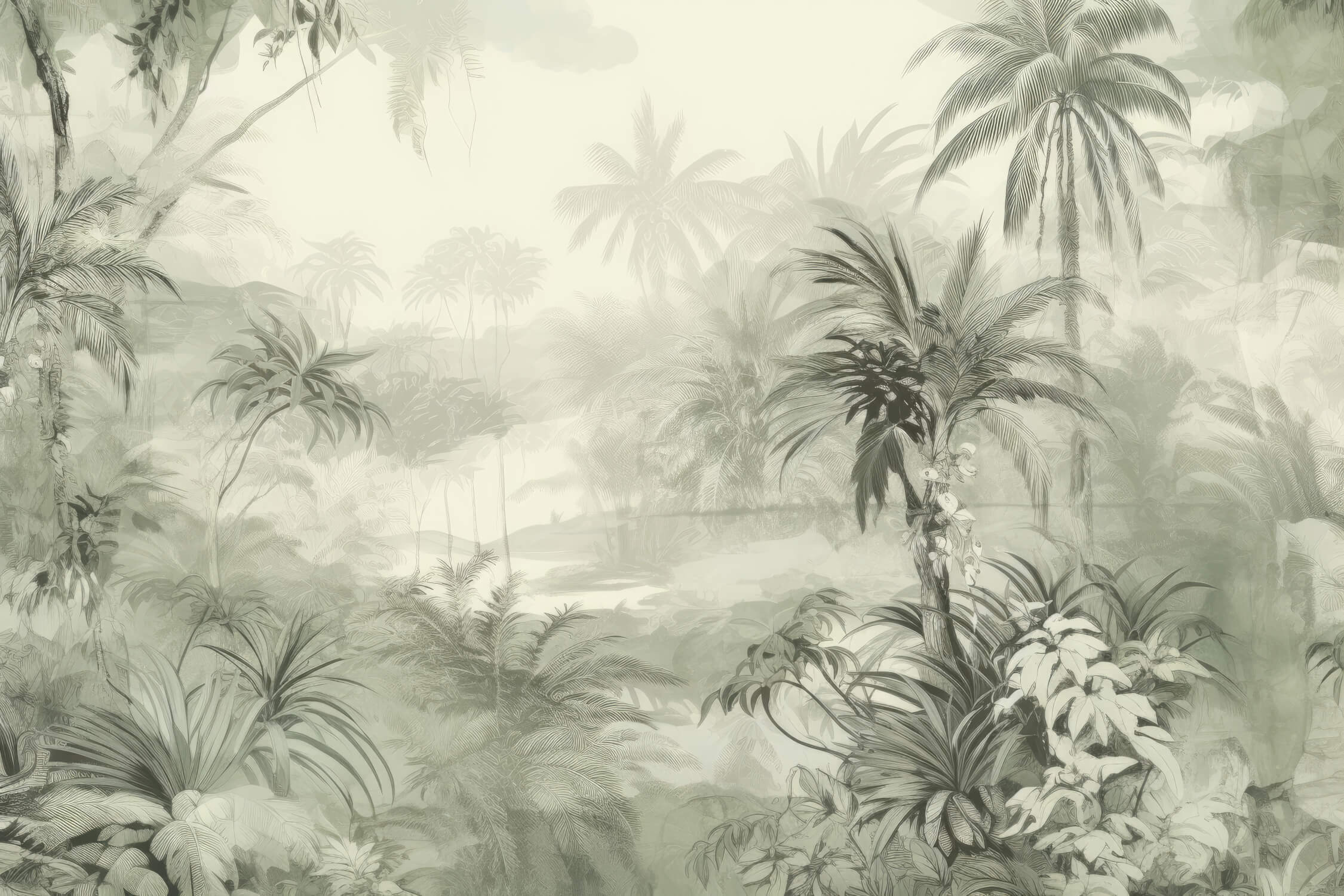 Design file showing detailed palm fronds and misty sage green forest pattern
