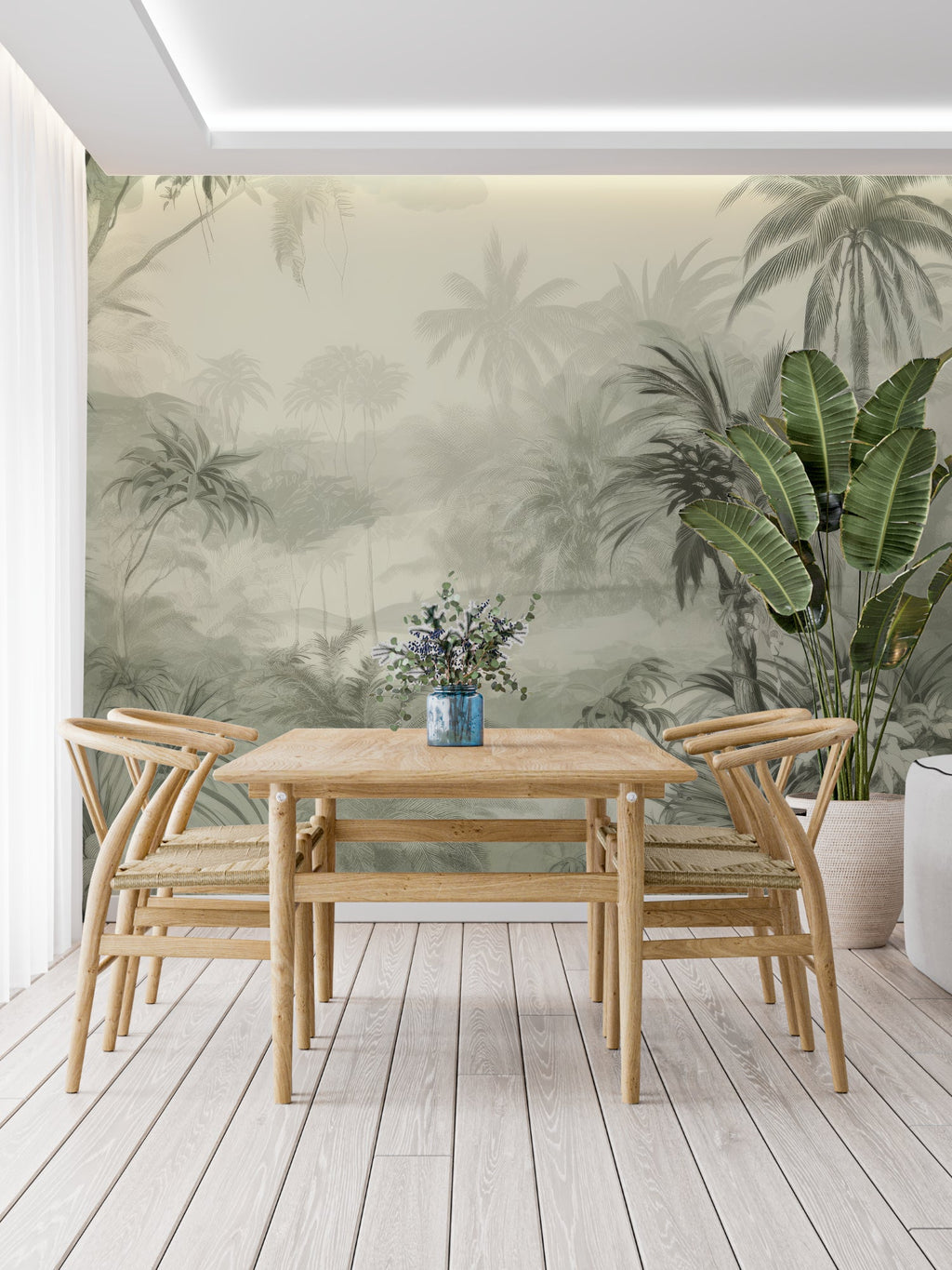 Palm forest mural creating depth in a cozy home office space