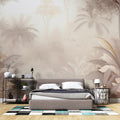 Tropical palm leaf wallpaper creating a peaceful atmosphere in a modern living room with natural light