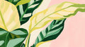 Tropical leaf wallpaper creating a bold statement in a bright modern living room with minimal furniture
