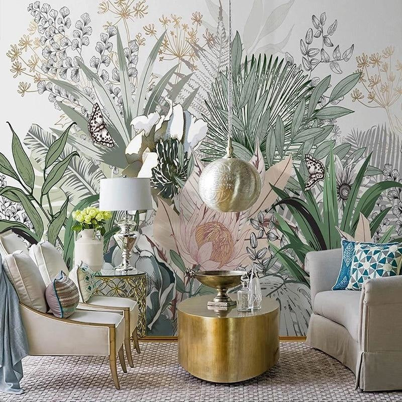 Modern Tropical Wall Mural in home office space with wooden desk and green plants