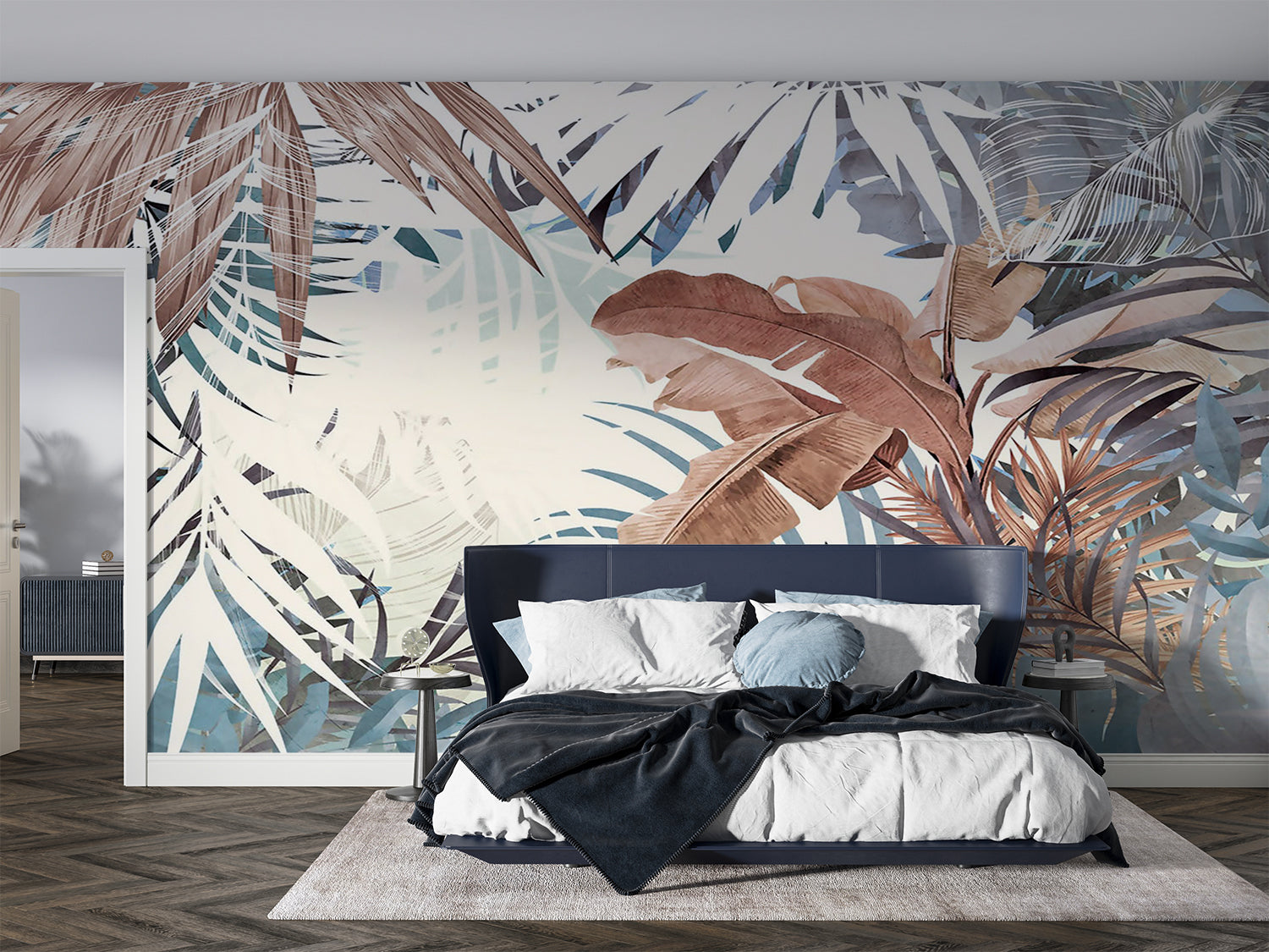 Palm leaf wall mural creating a sophisticated backdrop in a home office setting