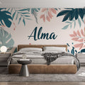 Modern living room showcasing Tropical Monstera wallpaper with pink accents, creating a fresh and contemporary atmosphere