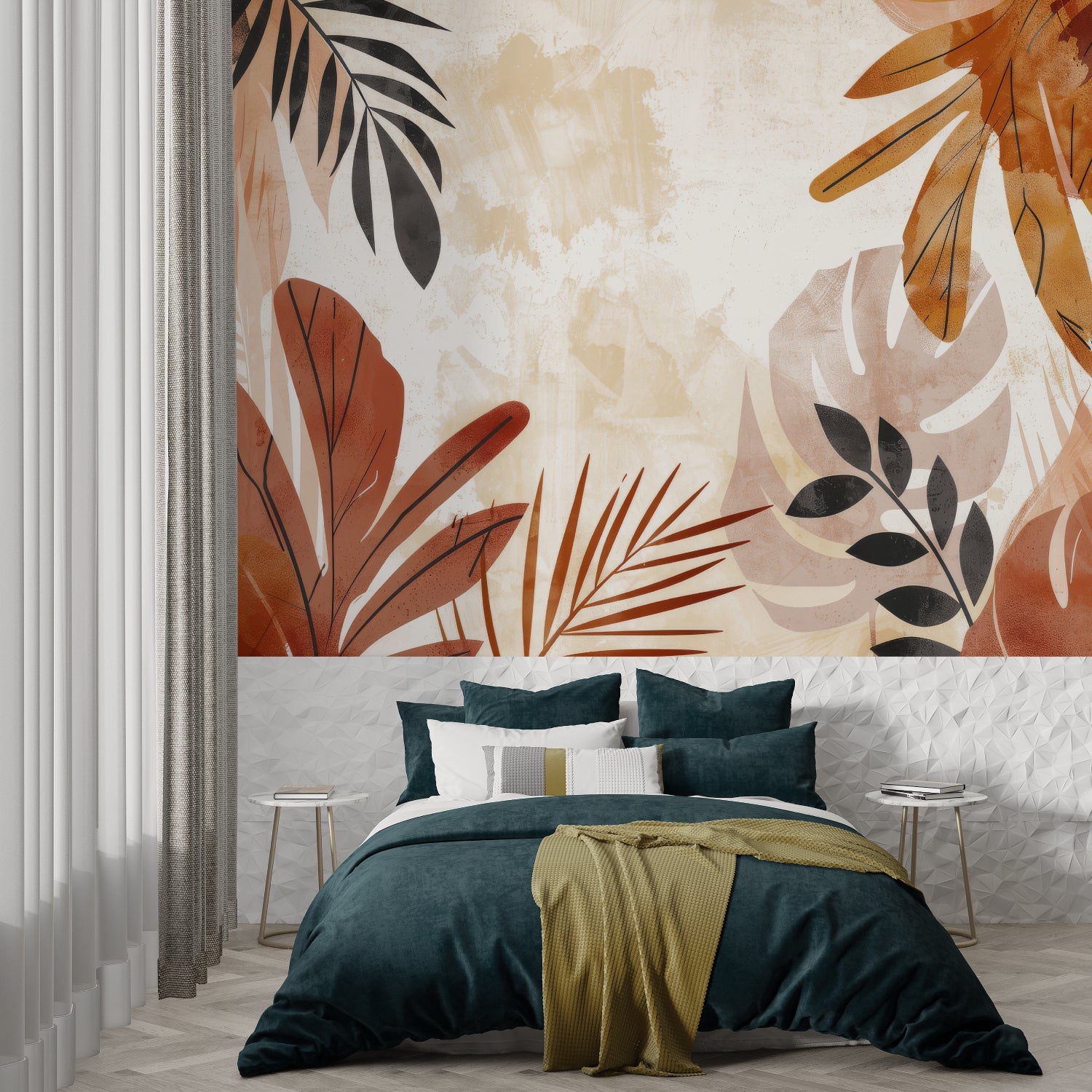 Modern bedroom with terracotta botanical wallpaper, soft natural lighting highlights leaf patterns