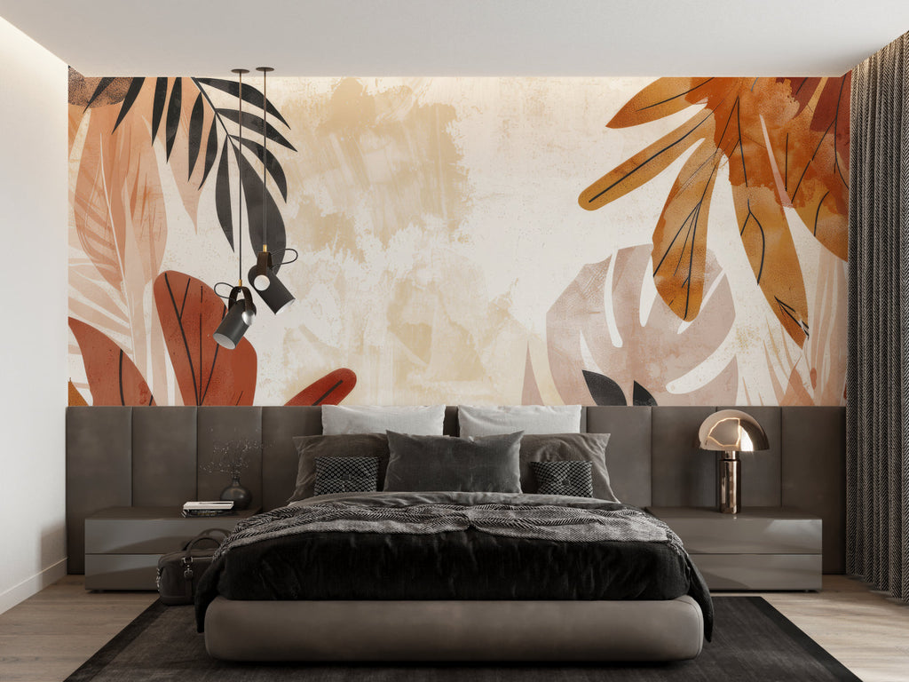 Dining room with modern terracotta leaf wallpaper creating cozy atmosphere
