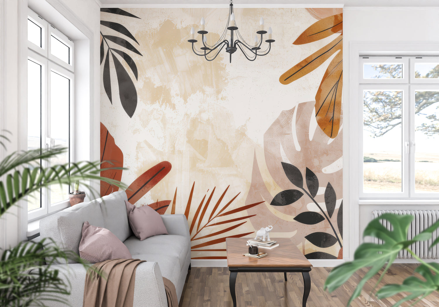 Entryway showcasing botanical wall mural in rich terracotta shades