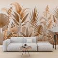 Tropical palm leaf wallpaper in beige creating a peaceful atmosphere in a modern living room with natural light