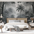 Monochrome Tropical Wallpaper creating depth in a modern living room with dramatic palm shadows