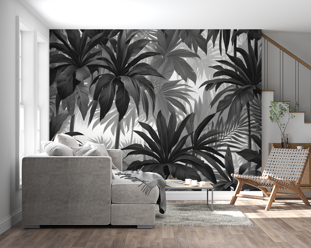 Botanical mural bringing natural elements to modern bathroom