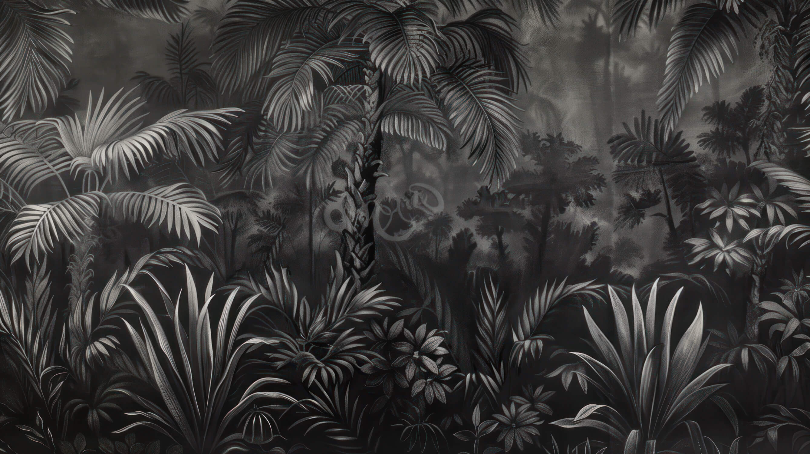 Design file showing detailed black and white palm leaves pattern