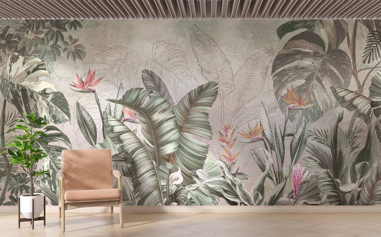 Exotic tropical wallpaper transforming a home office with lush greenery